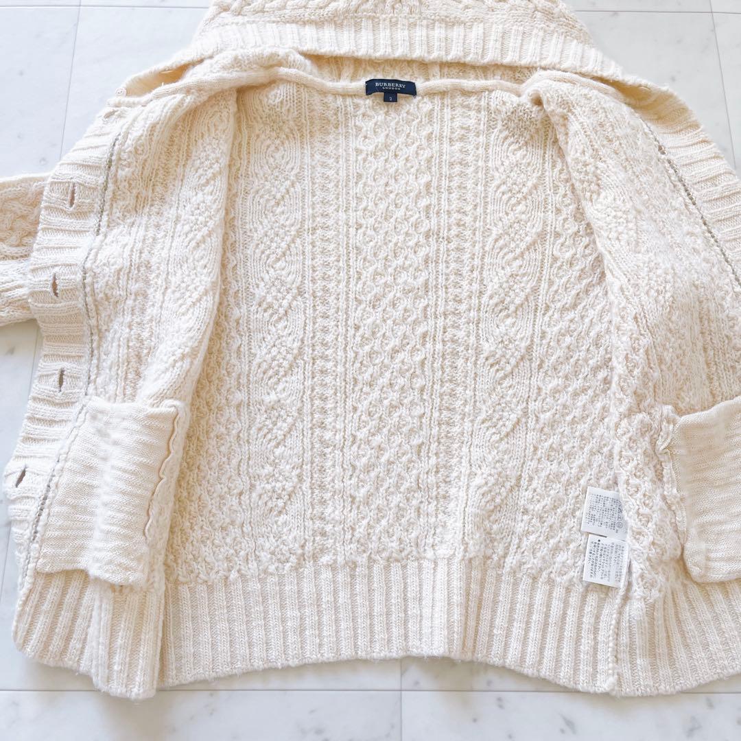 バーバリーブルーレーベル　アンゴラ混ケーブルニットカーディガン　フード　金ボタン