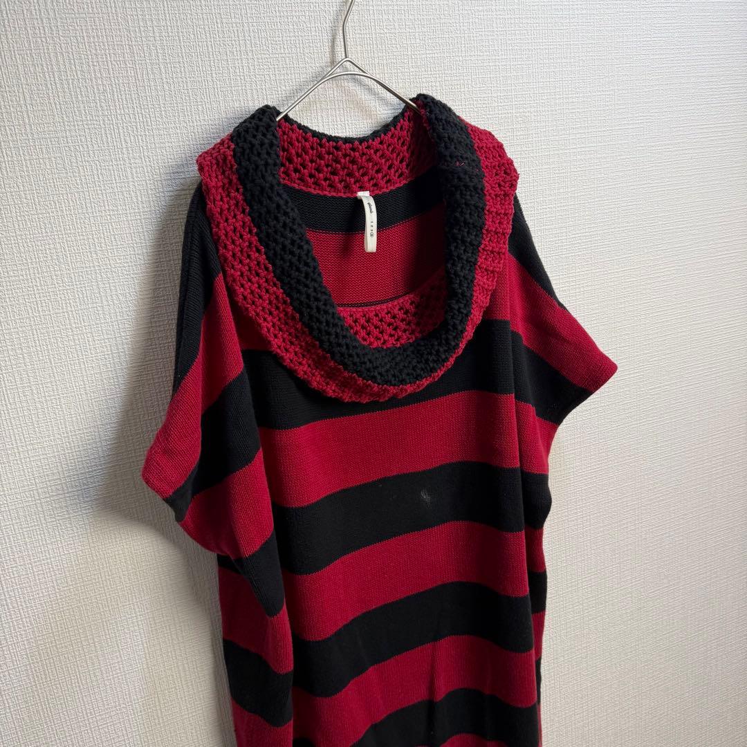 735 glamb 赤黒ワイドボーダー クロシェ編みカウル襟コットンチュニック