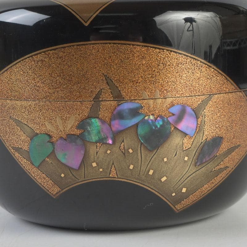 茶道具　高崎秋峰作　螺鈿装飾　扇面蒔絵　内銀溜　平棗　共布共箱　V　9695