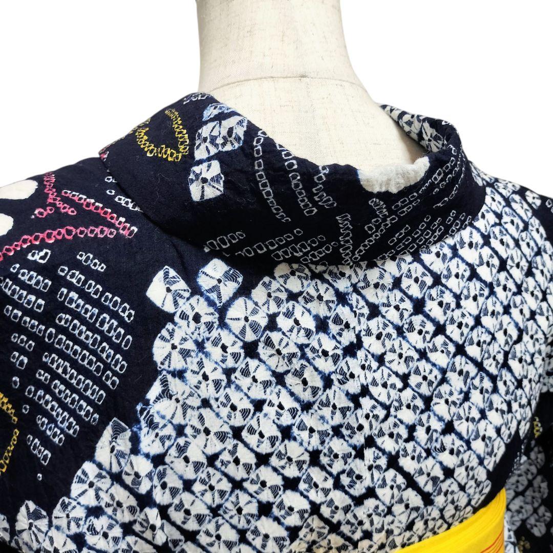 【有松鳴海絞り】浴衣　草花模様　手蜘蛛絞り　藍染　紺 高級　美品 花縞