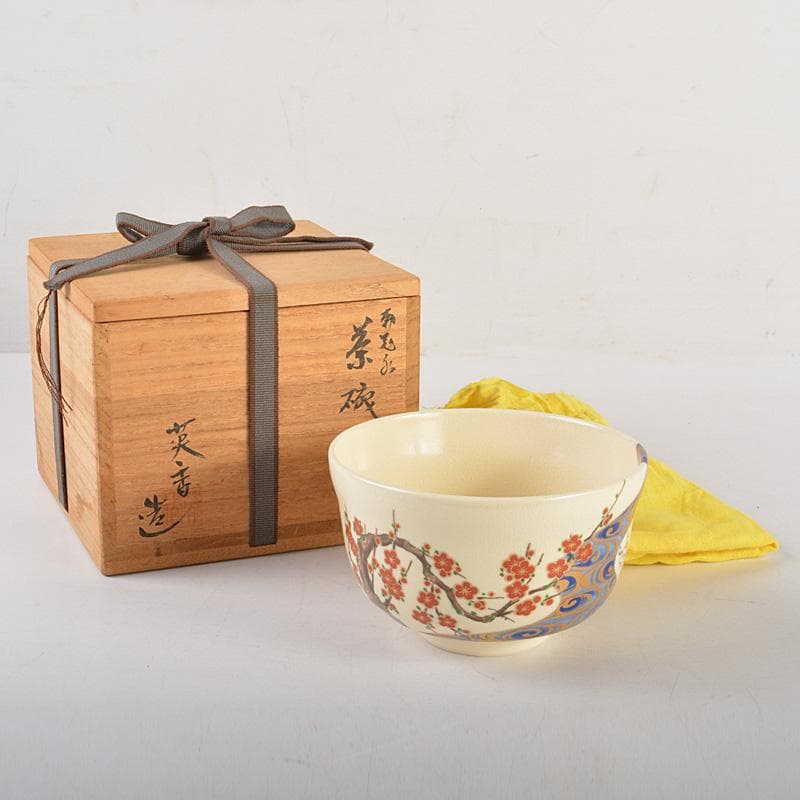 京焼　宮地英香作　仁清写　色絵梅文茶碗　銘早春　大橋香林書付　共箱　C　6581