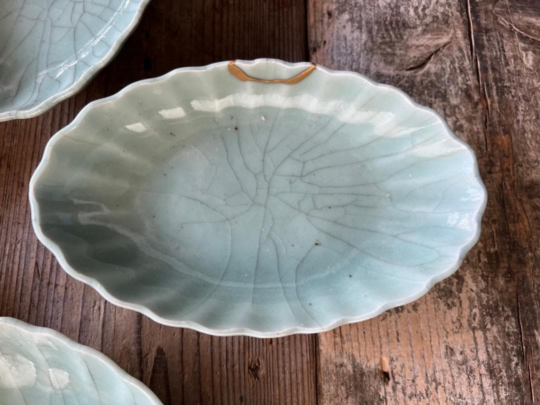 品番　t-0398 青磁葉型長皿　5枚set　古伊万里　アンティーク　古陶磁器