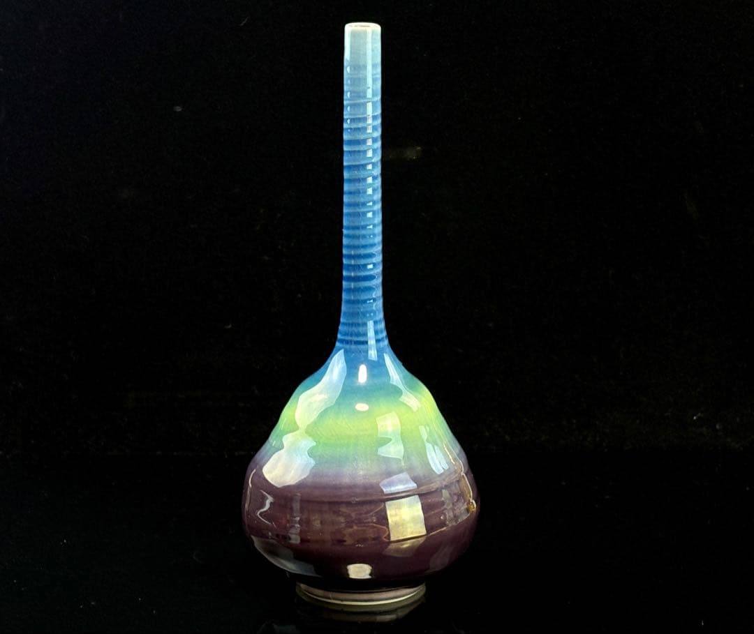 九谷焼 人間国宝【徳田八十吉】(正彦)作 鶴首彩釉 花入 共箱共布R711239