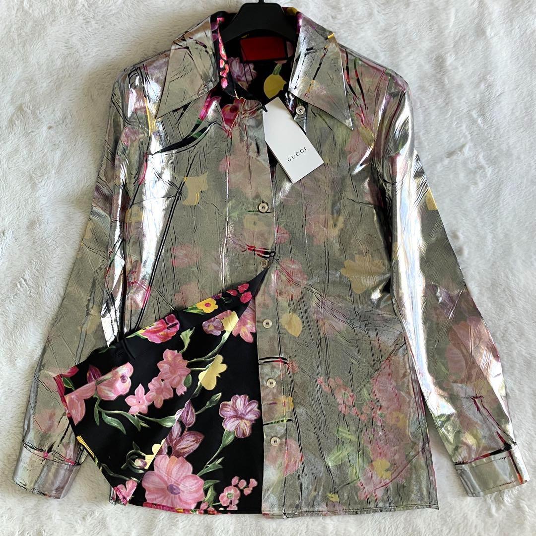 新品 グッチ 18SS シルク総花柄 ラミネート加工 長袖シャツ 38 シルバー