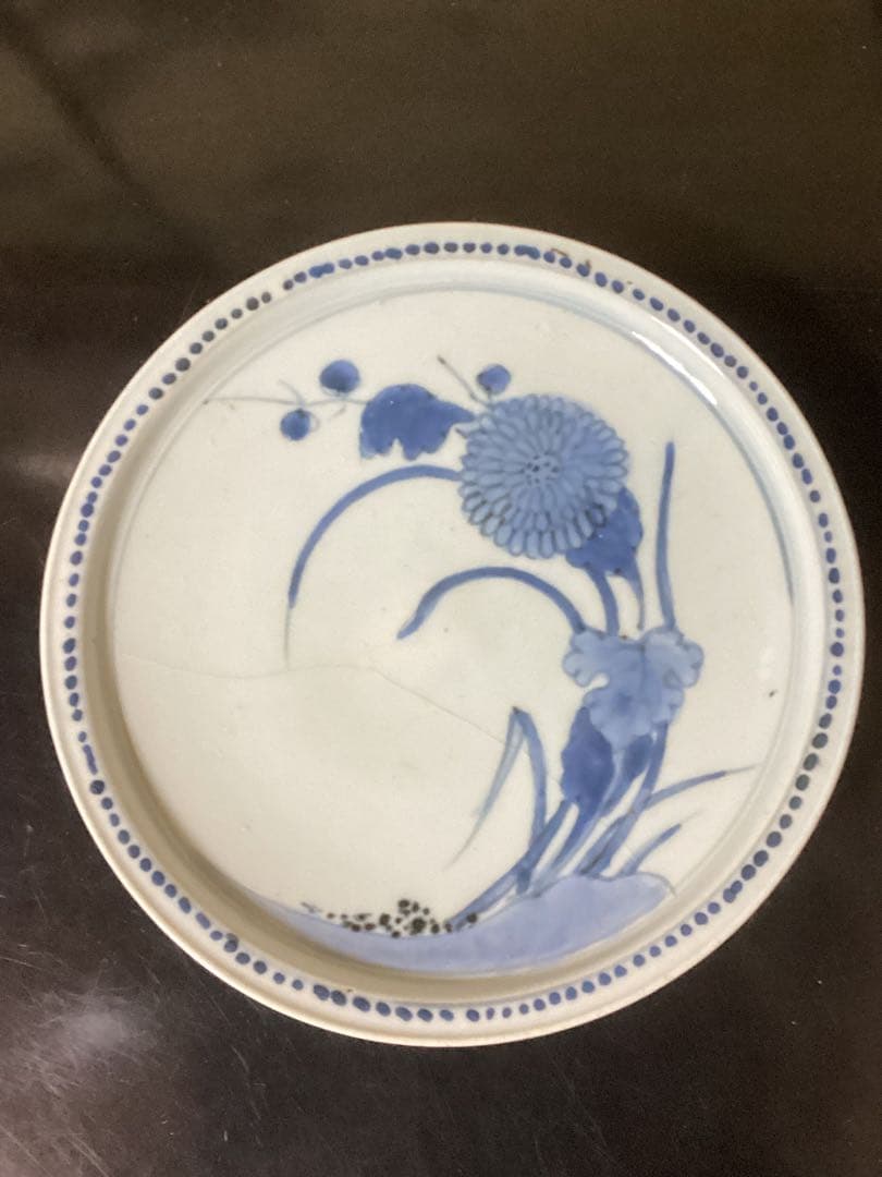 骨董古美術　初期伊万里　江戸期染付花文皿　幅約20.5cm