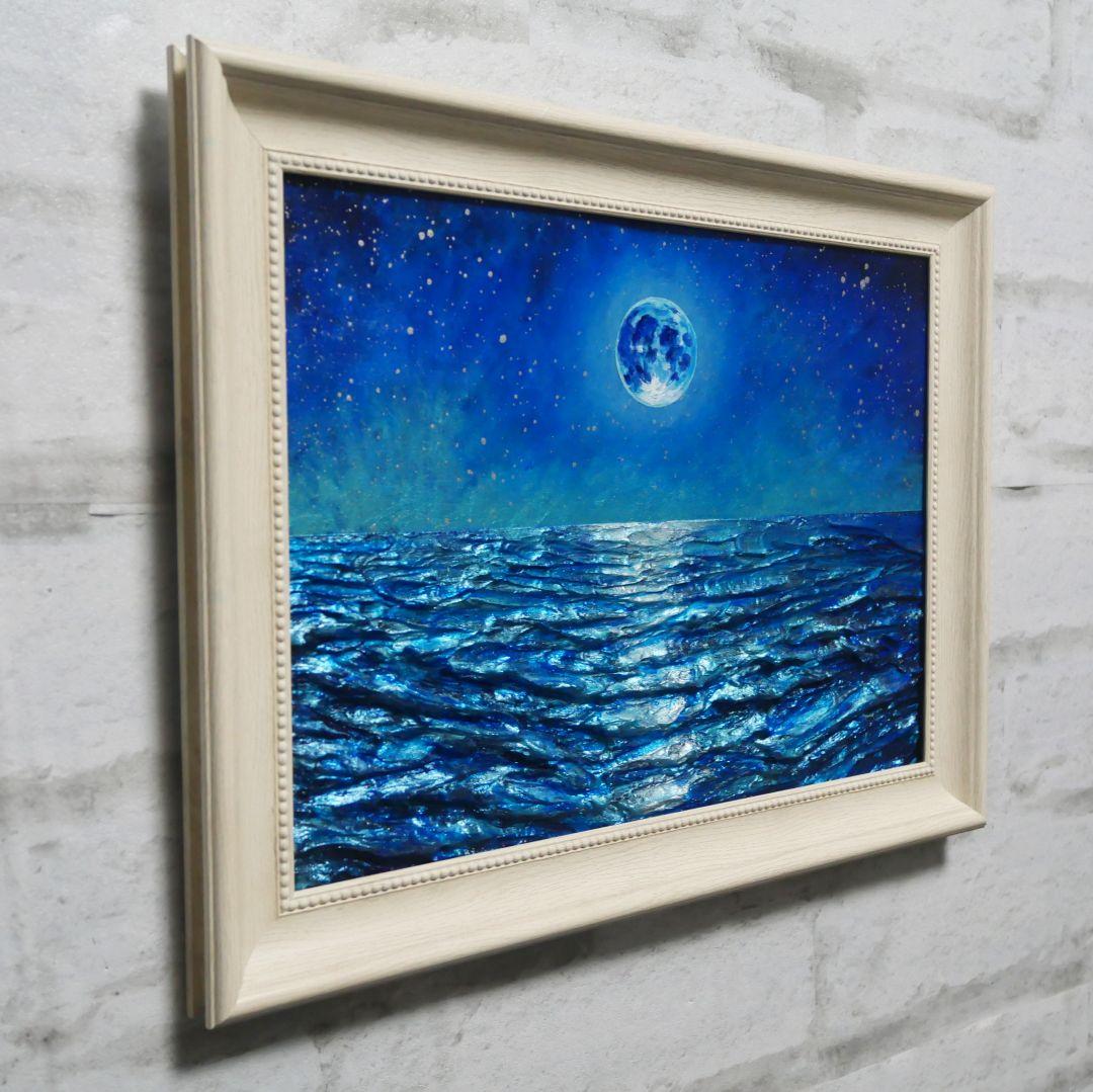 油絵 油彩 油彩画 絵 絵画 【青い満月と輝く海】