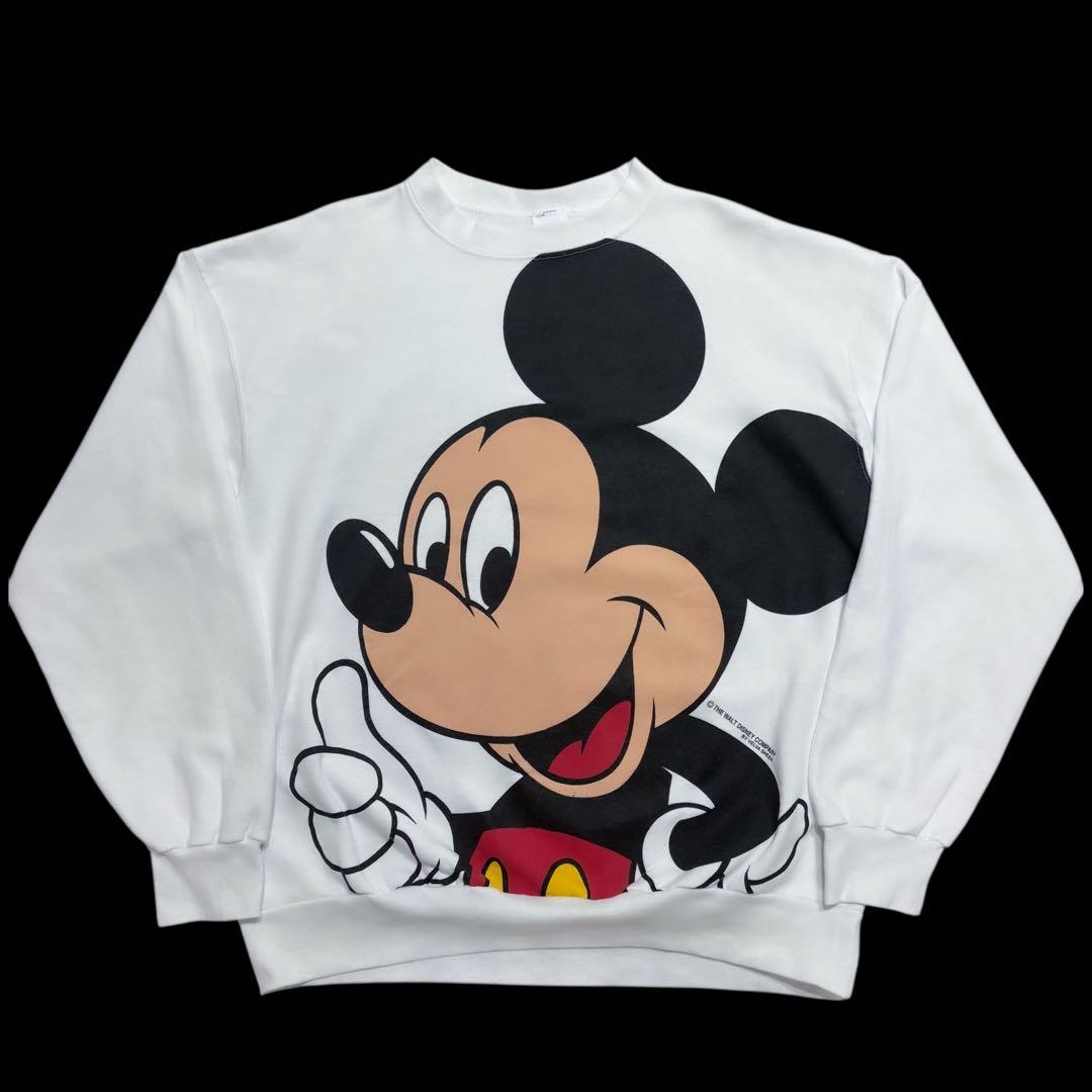 レア 90s Disney ミッキー ビッグプリントスウェット 白XL USA製