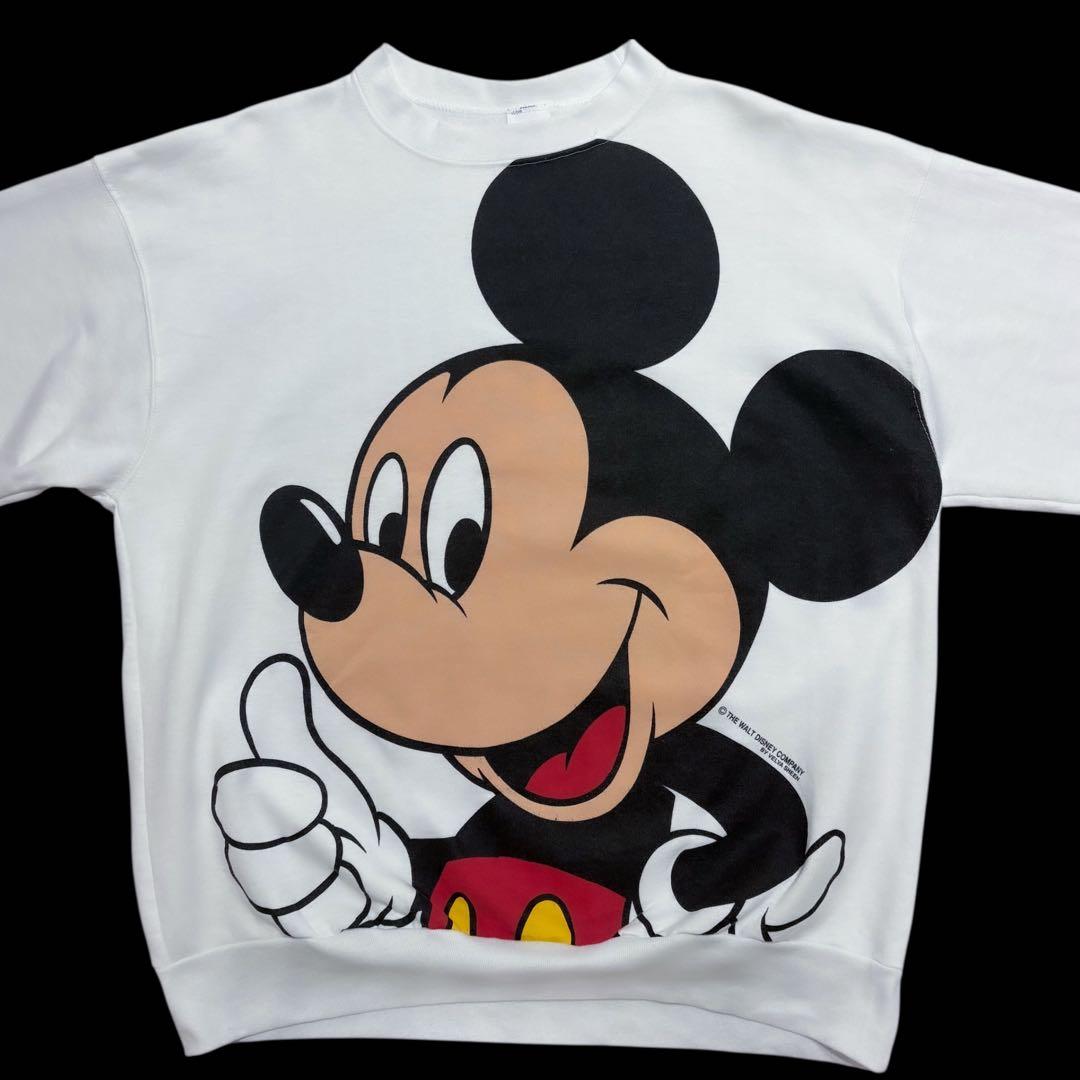レア 90s Disney ミッキー ビッグプリントスウェット 白XL USA製