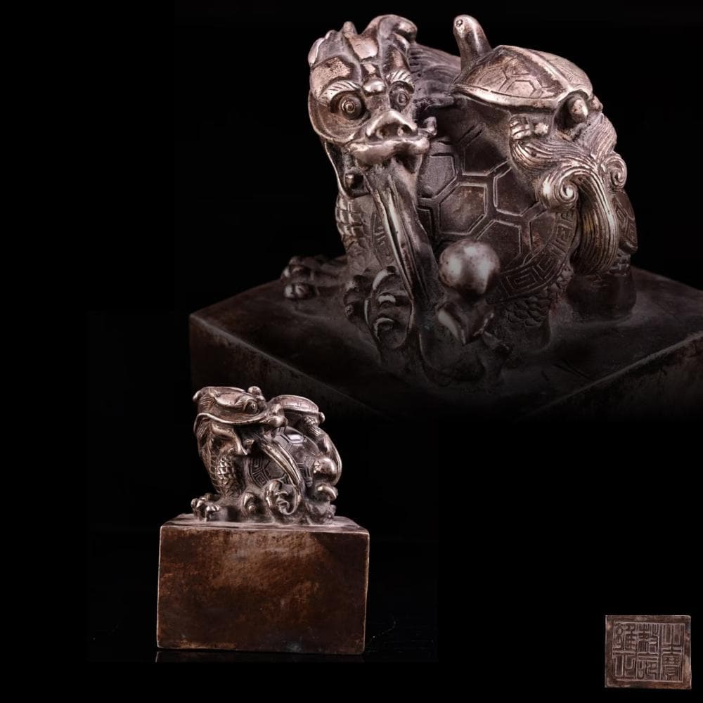 中国古美術『旧蔵 純銅鍍銀 龍亀印章』高浮彫鏨刻 古銅器 置物 擺件 時代物