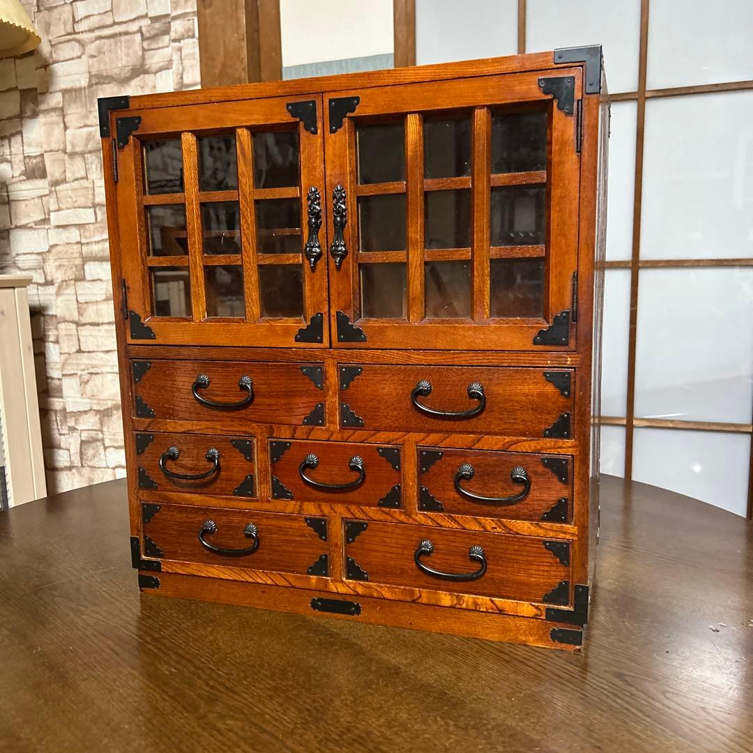 【アンティーク】民芸調水屋　茶箪笥　小箪笥　金具付　和キャビネット