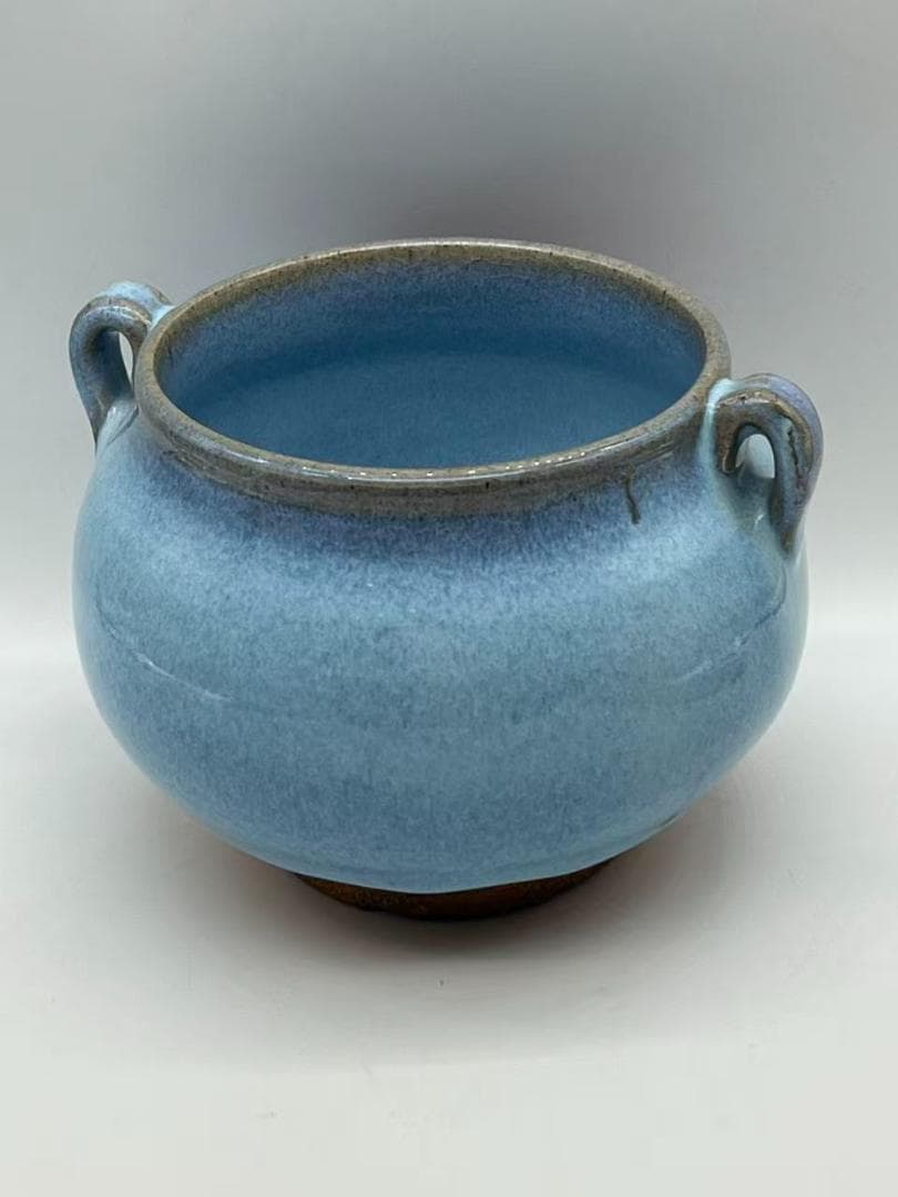 明时代 鈞窯青磁 澱青月白釉紫斑 双糸耳香炉 水丞 【旧家蔵出し】(A-106)