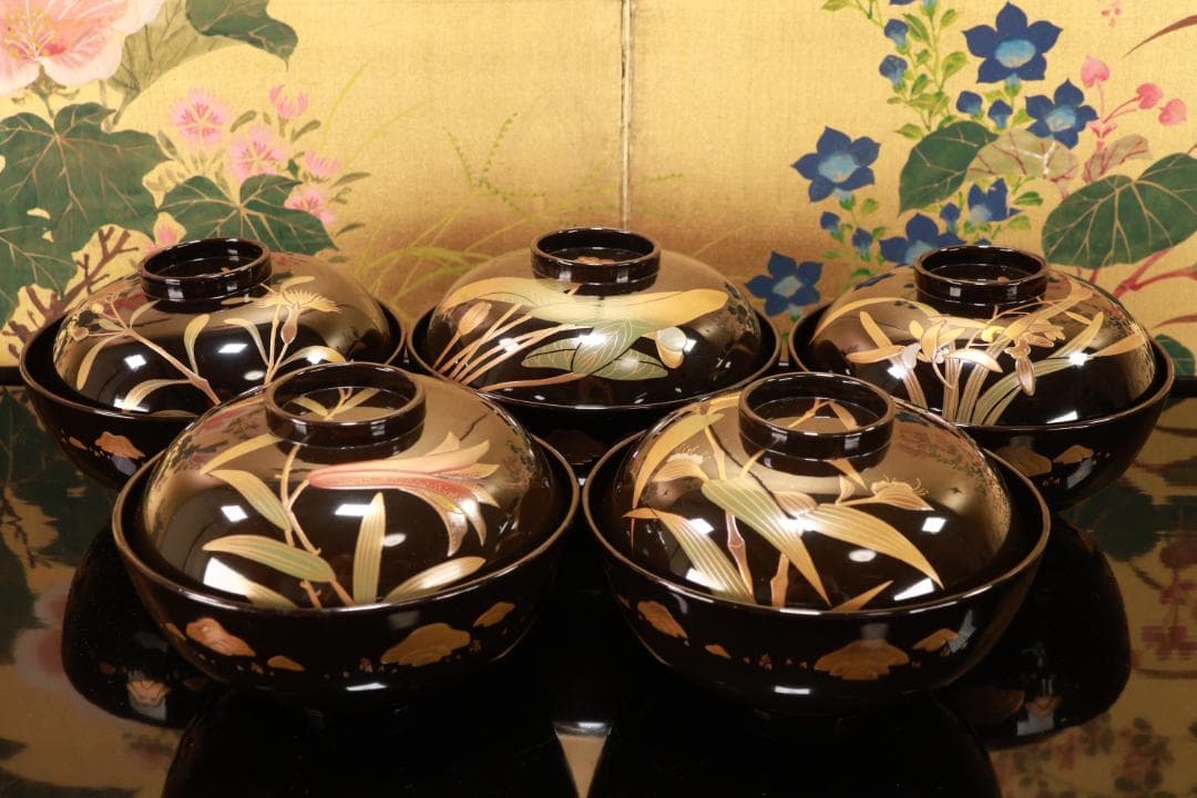 Akiko　輪島塗　図替わり　草花蒔絵　吸物椀　五客　木製　BJ118