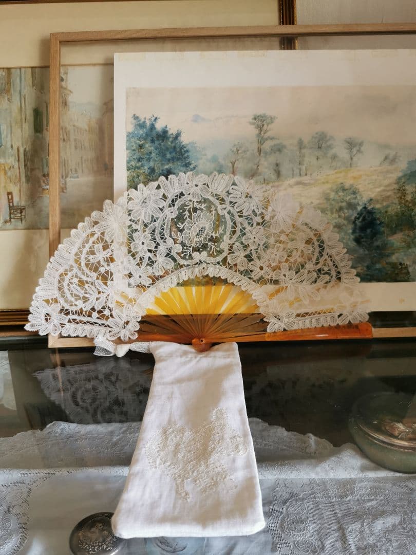 アンティークヴィクトリアンレースファン 琥珀/鼈甲飴色扇 ポワンドローズ ガーズ