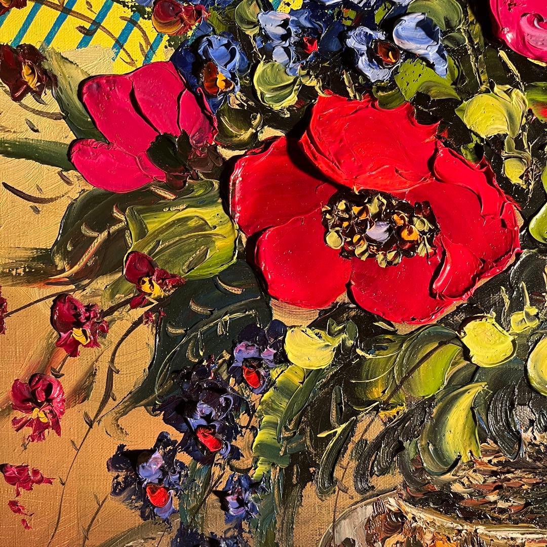 ★特大秀作★ 手書き油絵 花瓶の花 額付き 絵画 インテリア油彩画