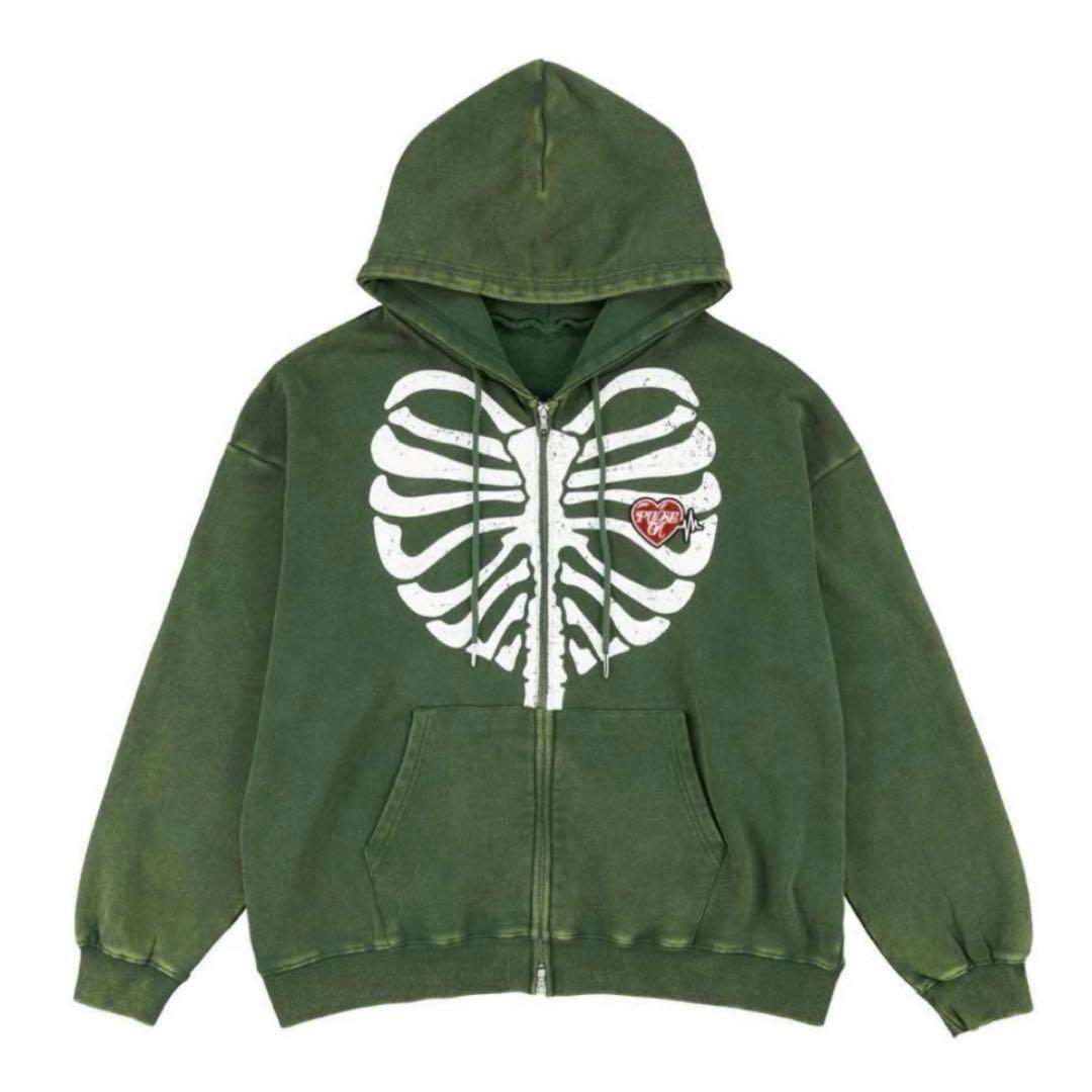 TREASURE パーカー PULSE ON ジップアップフーディー　カーキ
