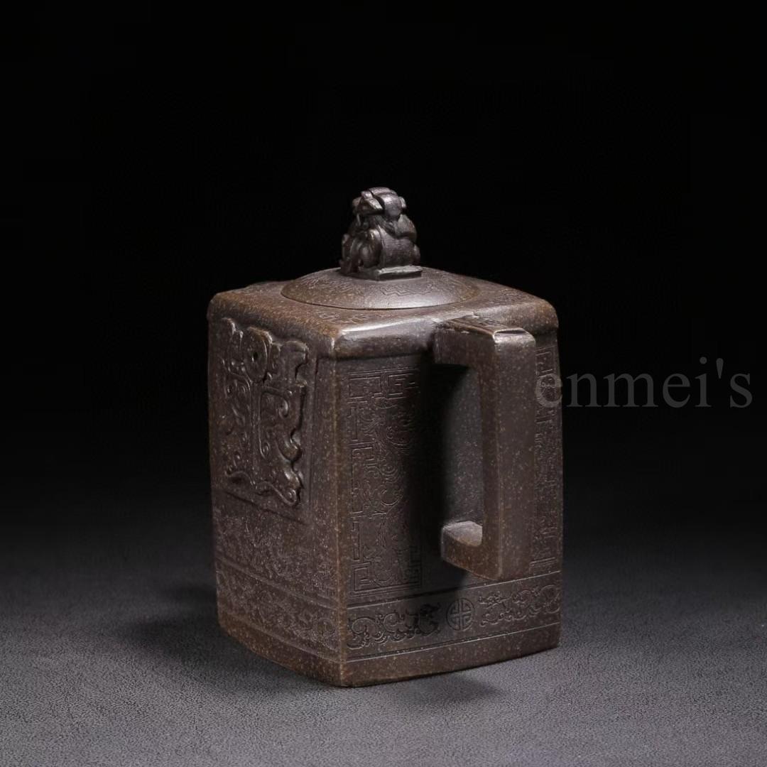 中国古美術・原鉱古銅泥四方獅頂紫砂壺・底款：顧景舟・紫砂壺・急須・茶道具・置物