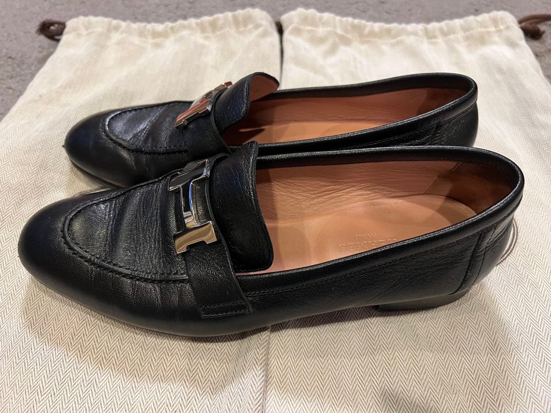 エルメス　HERMES レザー 黒 ローファー