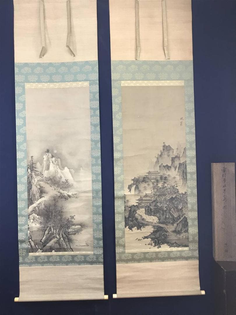 【模写】雪村/秋冬楼閣山水図/山水図/人物図/双幅/掛軸/名家伝来/AC-533