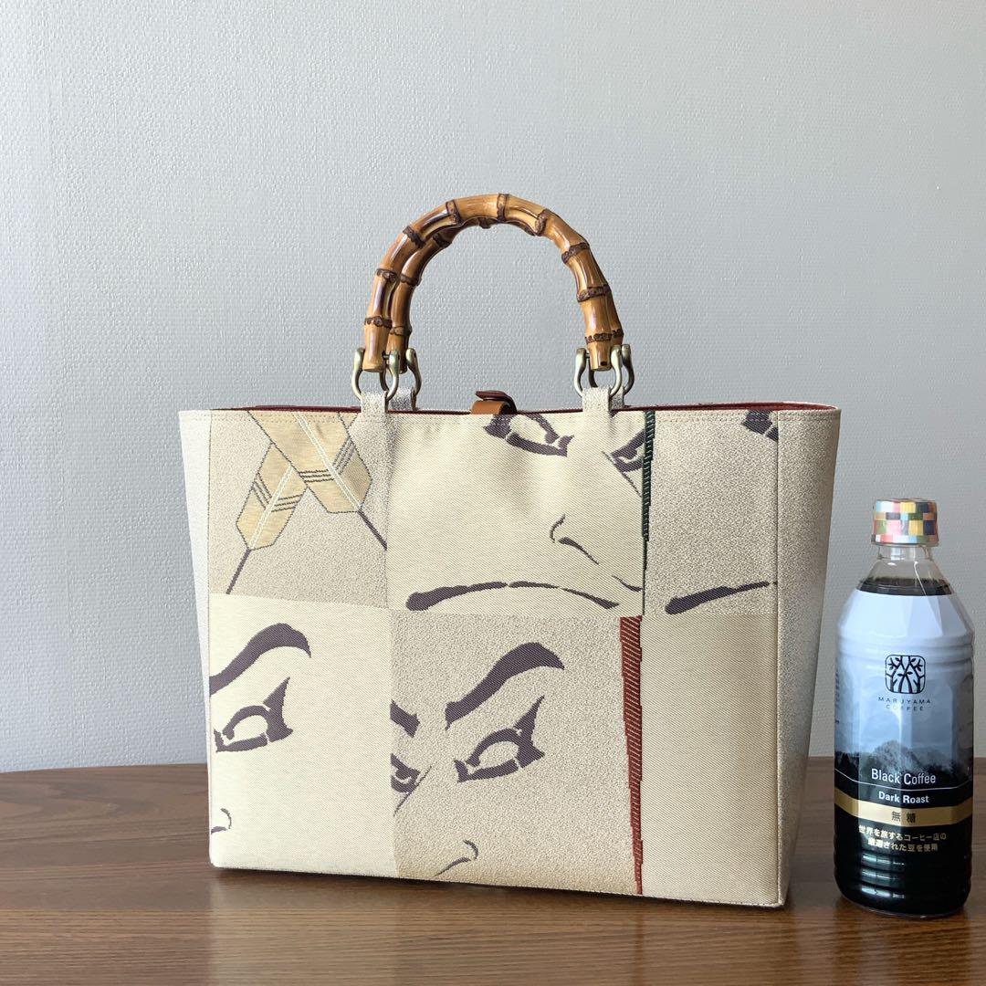 男前な歌舞伎柄の帯　リメイク　バンブーハンドルバッグ　通しマチタイプ