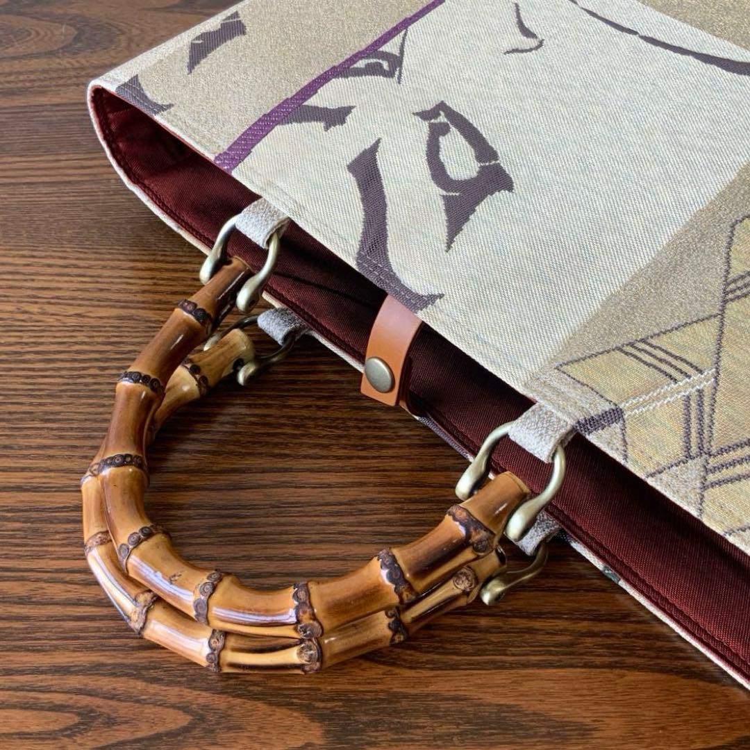 男前な歌舞伎柄の帯　リメイク　バンブーハンドルバッグ　通しマチタイプ