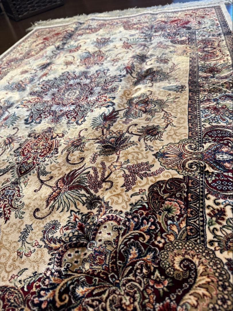 イラン製 ペルシャ絨毯 カシャーン 優雅な艶　高密度 クリーム×バーガンディ