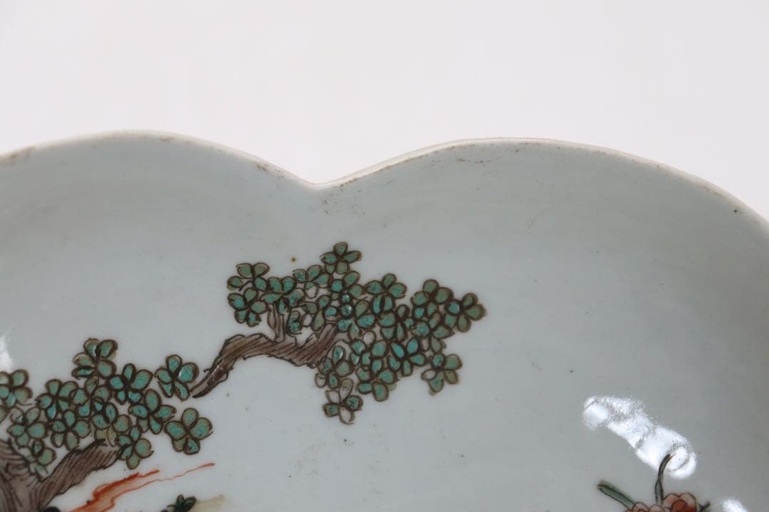 ※中国　大清康熙年製銘　美人紋高足花口皿　送料込み0814