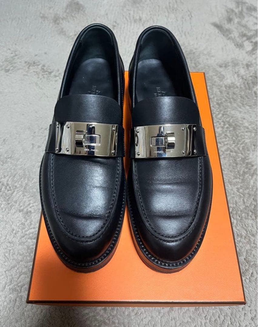 エルメス　モカシン　ホット　黒　ローファー　ケリーバックル　シルバー　美品37