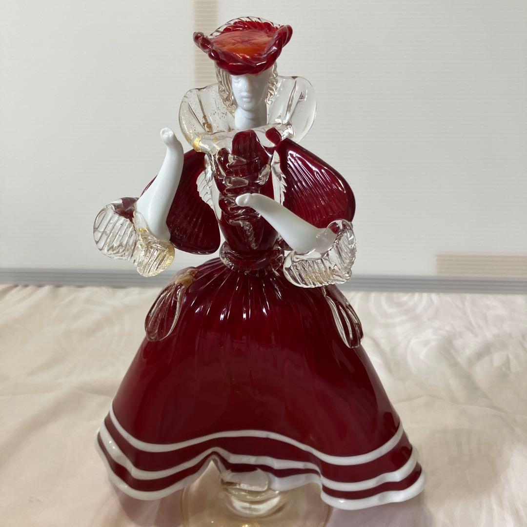 ベネチアンガラス美術品工芸品ムラーノガラスペア人形赤金彩