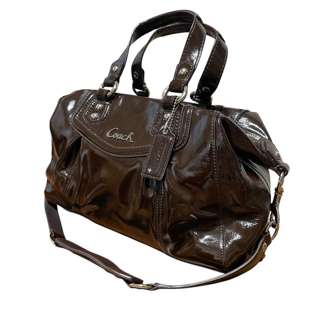 d*3様 COACH ブラウン ハンドバッグ ショルダーバッグ エナメル 2wa