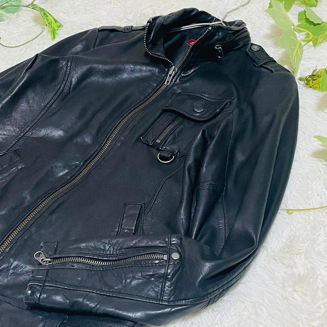 アヴィレックス　レザージャケット　シングルライダース　ラムレザー　ブラック