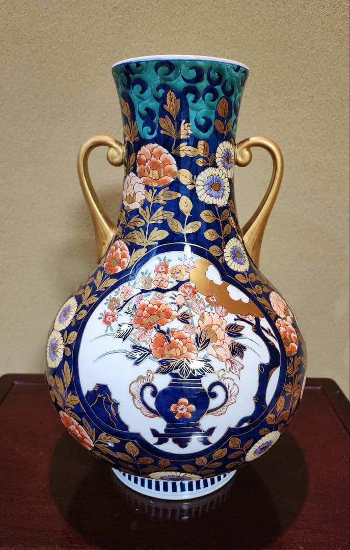 有田焼 大型 花柄陶器花瓶 藤井錦彩 金欄手様式