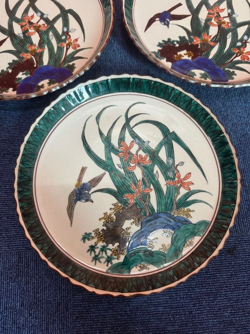 1832  古九谷焼　角福　花鳥皿　3客　25cm 時代物