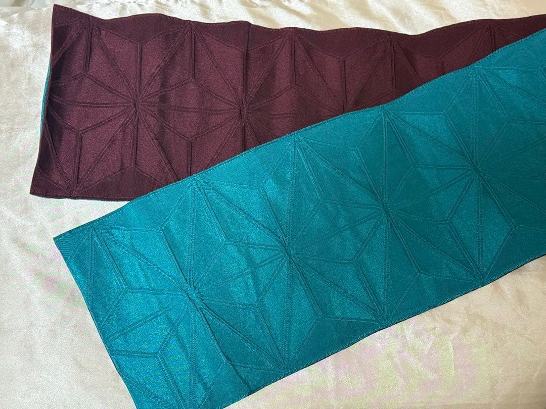 撫松庵 半幅帯 麻の葉 ボルドー×ターコイズ