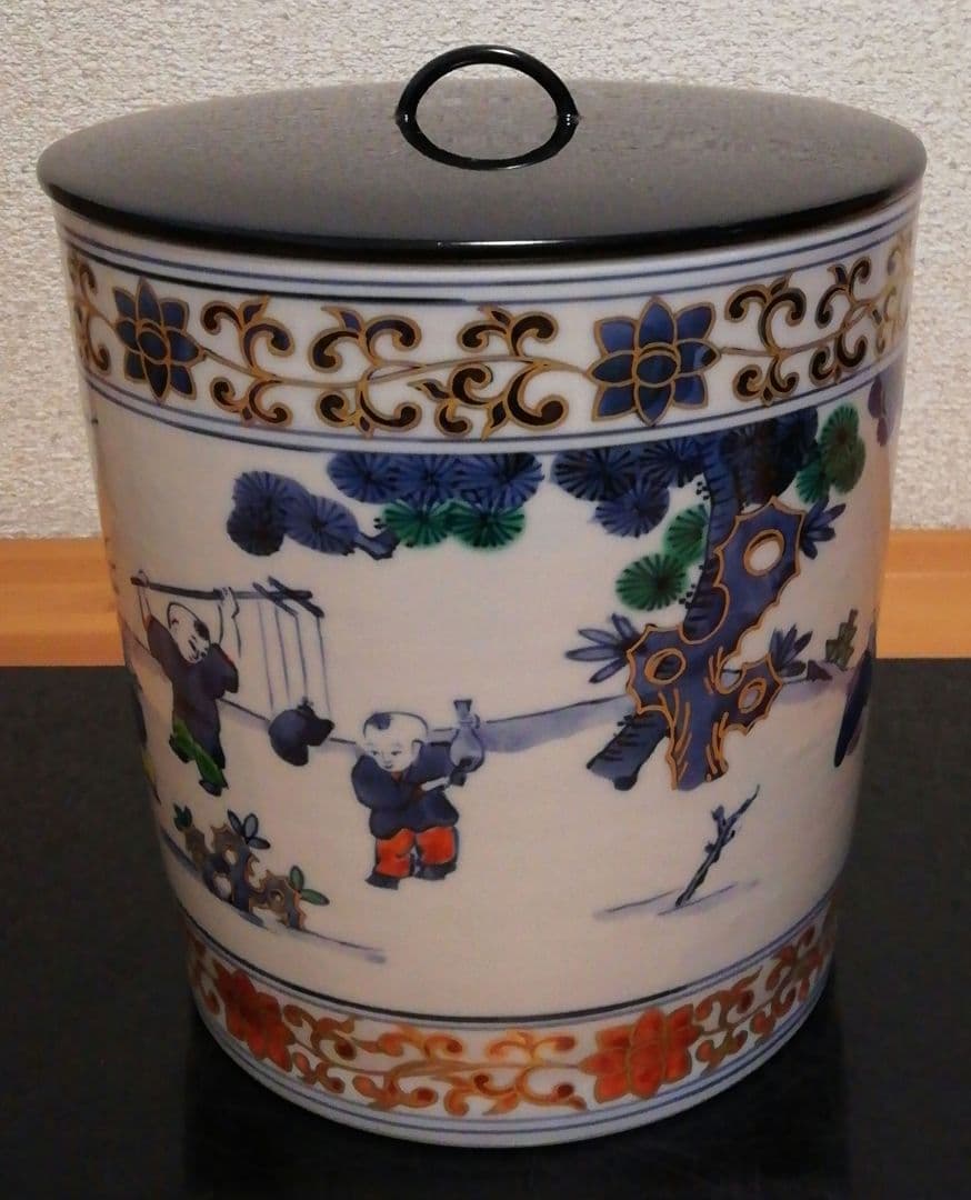 膳所焼　陽炎園　染付　五彩　唐子遊　水指　共箱　共布　茶道具