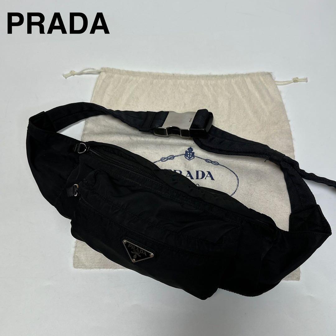 j77【極美品】プラダ　三角ロゴ　ナイロンブラック　ウエストポーチボディバッグ