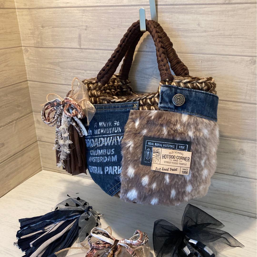 ハンドメイドバッグ デニムリメイクバッグ リメイクデニムバッグ ひとみん