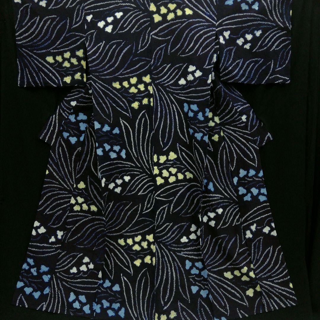 有松鳴海絞り 浴衣 ( 黃白水色花紋様　藍色　手縫い仕立て　居敷当て付)