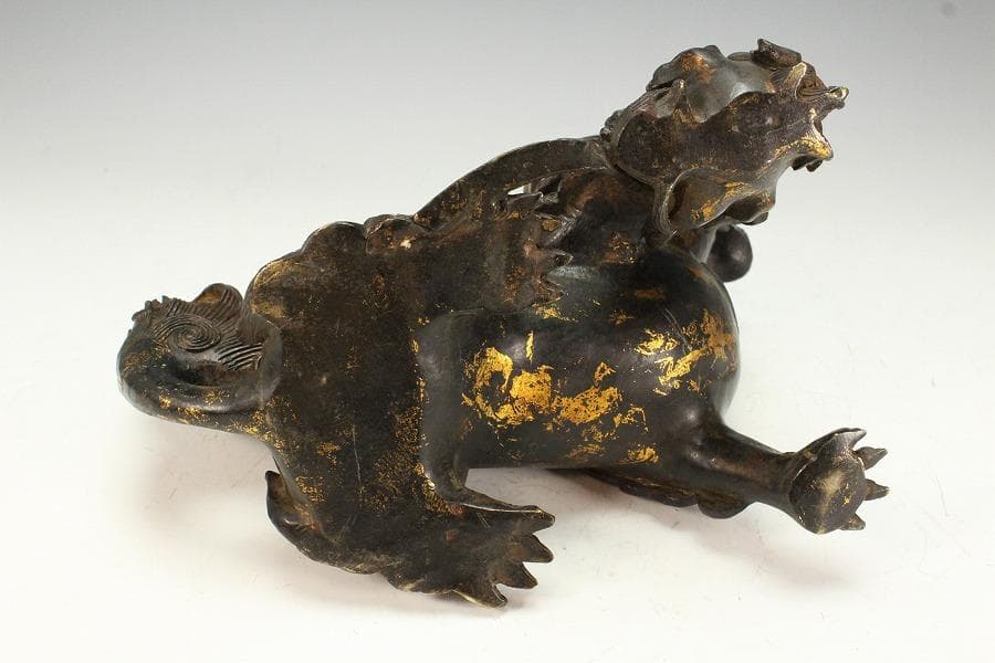 色絵銅 親子獅子 置物 24.5cmx14cm 時代物(K-XA771)