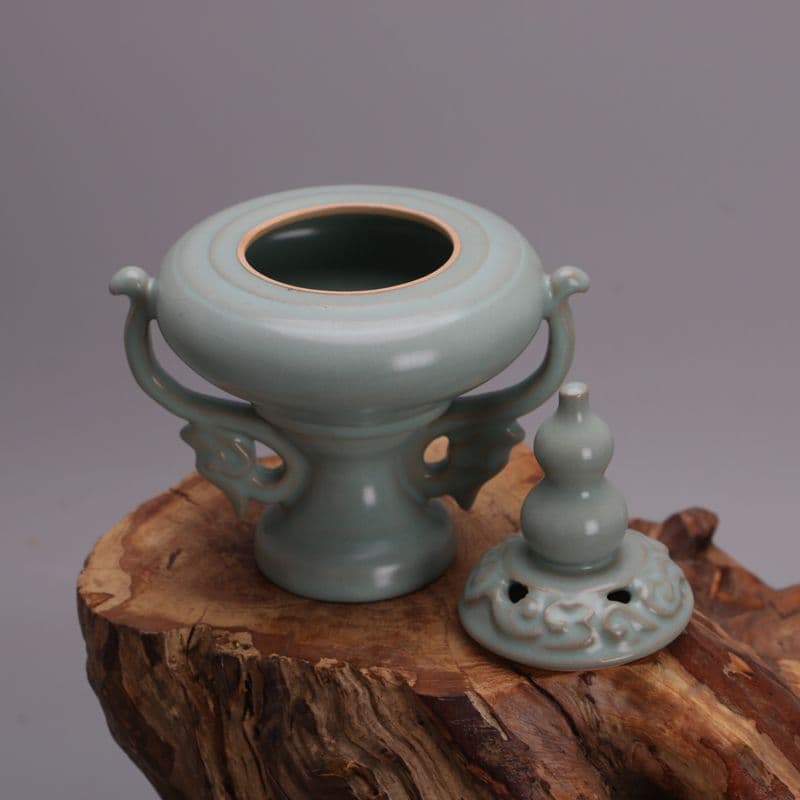 中国　汝窯 ひょうたん香炉　双龍香炉　天青釉