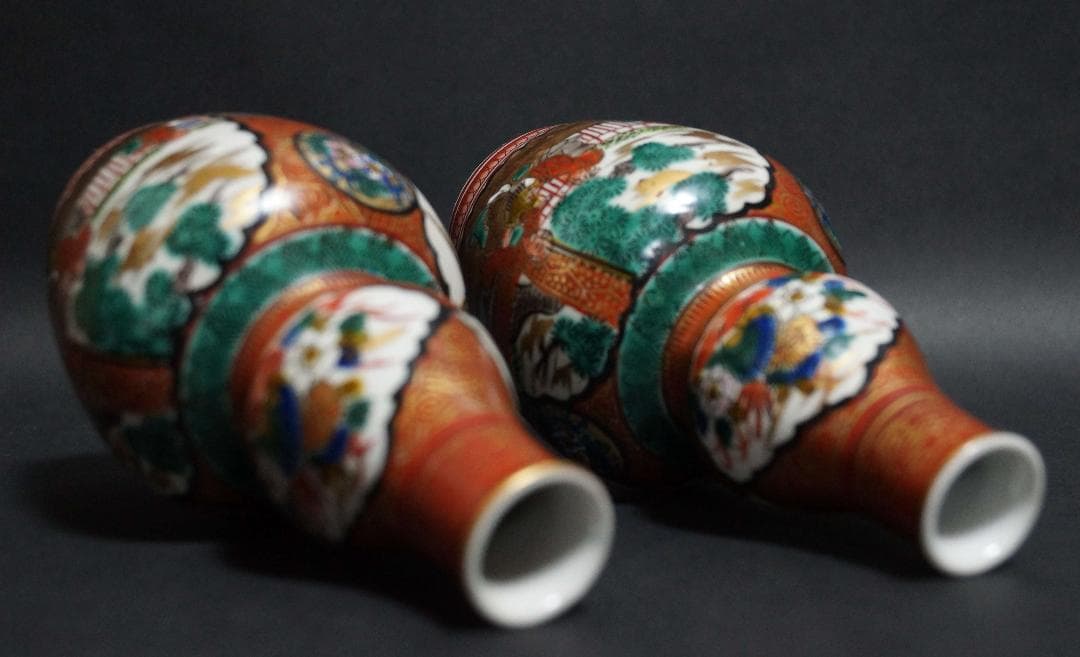 九谷焼 庄三造 金彩色絵『山水風景人物鳥花松梅文』瓢箪型 徳利 酒器 一対