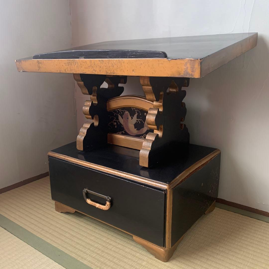 和家具　蒔絵　書見台　古道具　骨董　時代箪笥　引出し　波間に鯉　座学用机