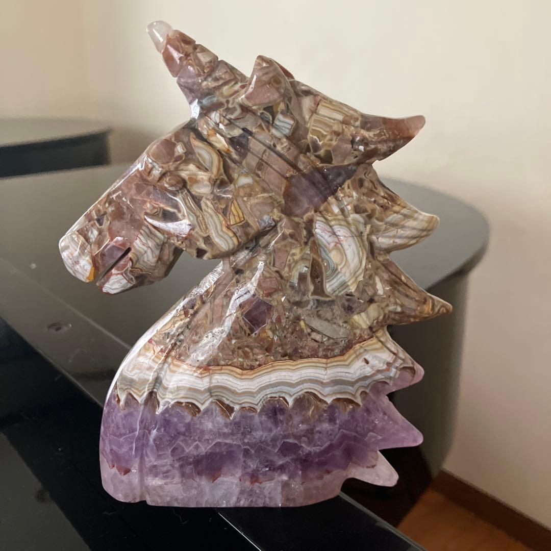 特大！メキシコアゲートとアメジストの共生　ユニコーン　ペガサス　天然石置物