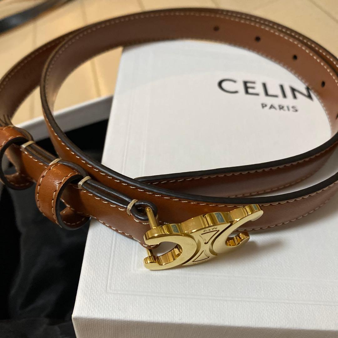 CELINE ブラウンレザーベルト ゴールドバックル