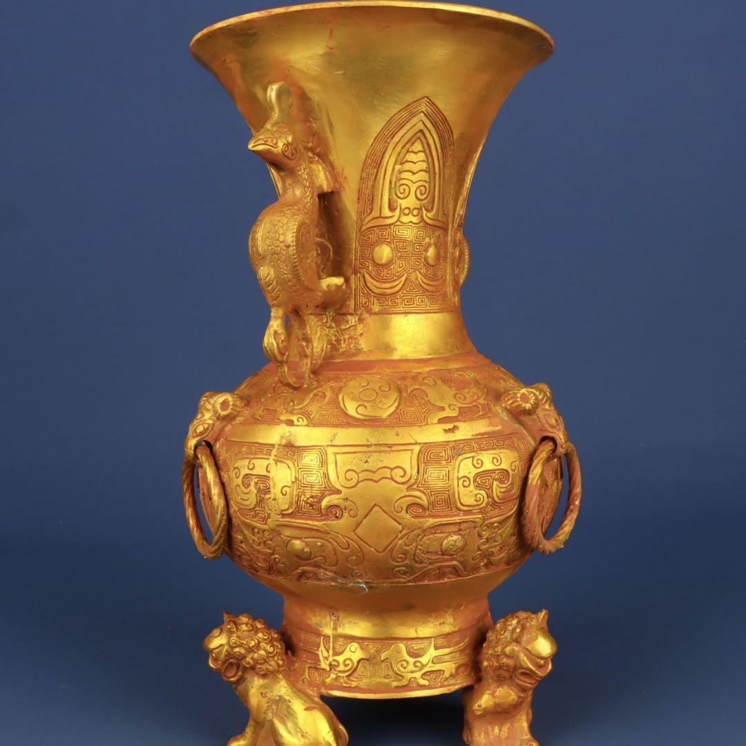 中国古美術 唐物旧蔵 純銅製西周冥紋塗金錯金獅足瓶 極細工 古賞物風水置物 絶品