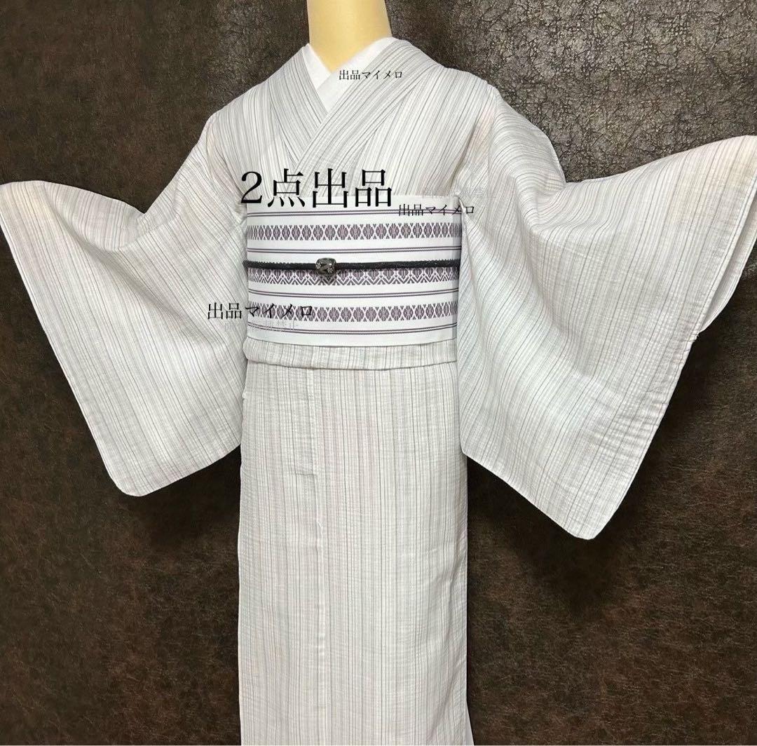 古典しじら織　浴衣　綿　粋な夏着物　縞柄　献上帯 半幅帯白　2点　0820⑨