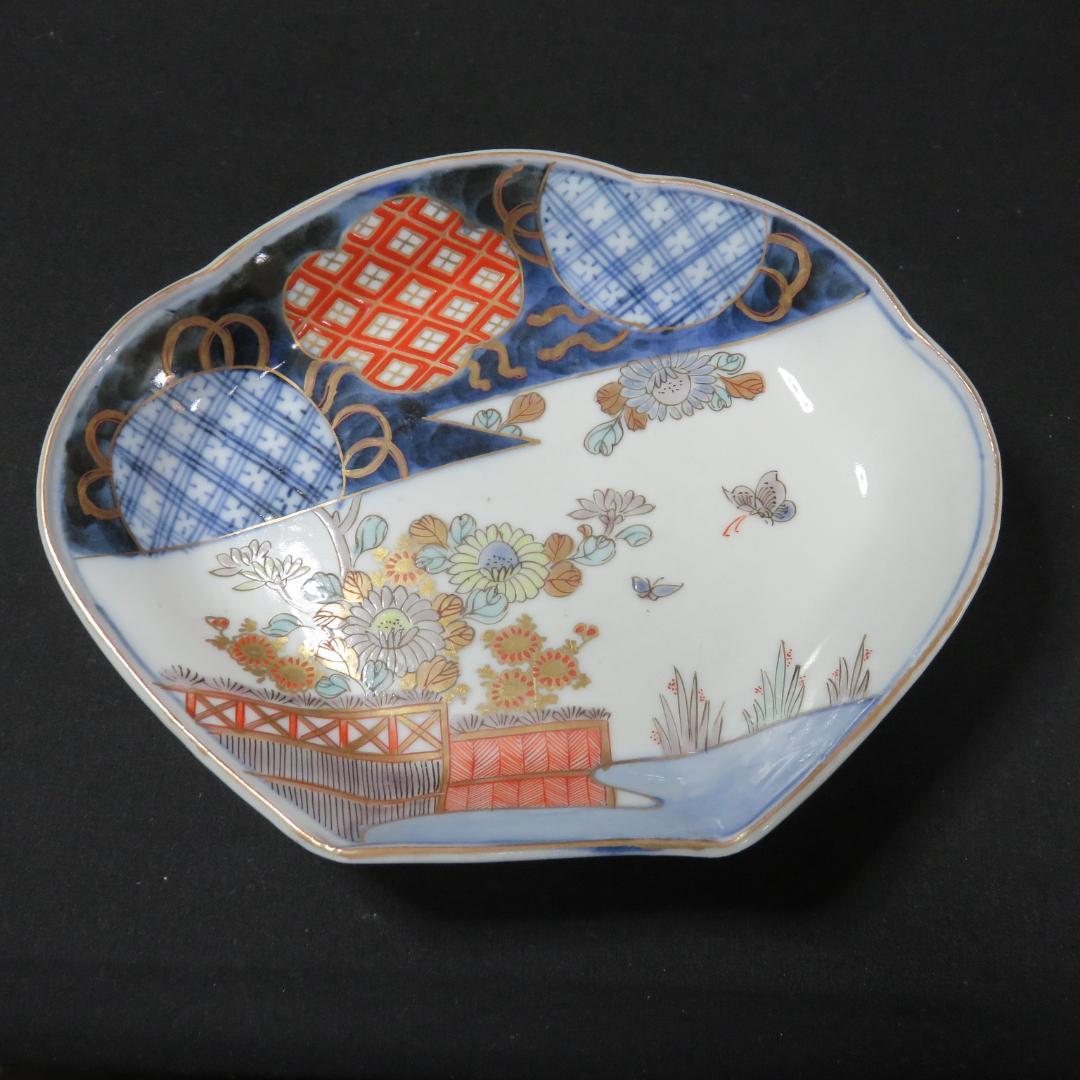 変形皿 貝型 5枚 古伊万里 江戸 蝶 花 宝 色絵付 珍品 希少