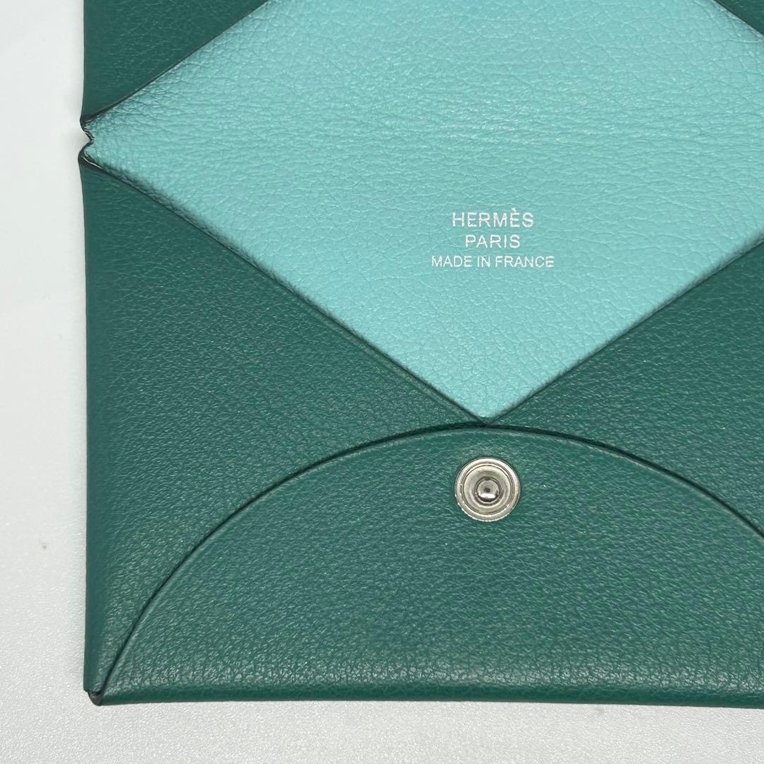 【美品】エルメス カルヴィ カードケース 名刺入れ 緑×水色