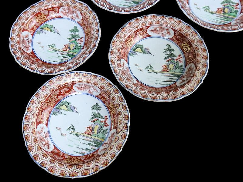 大聖寺伊万里　亀甲紋に金唐草　山水紋の図　５寸皿　５枚　E077AS-CRi