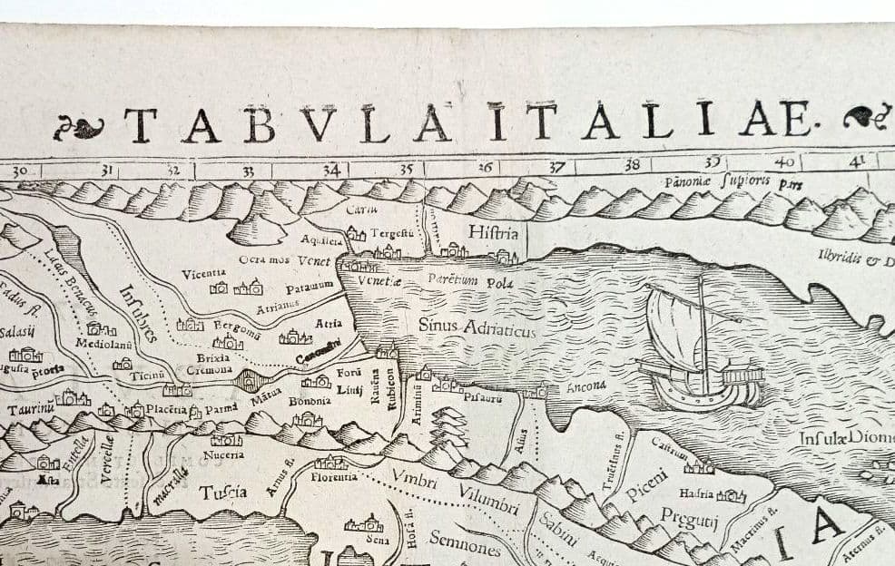 お値下げ　額装品　古地図　1571年　木版画　S.ミュンスター「イタリア全図」