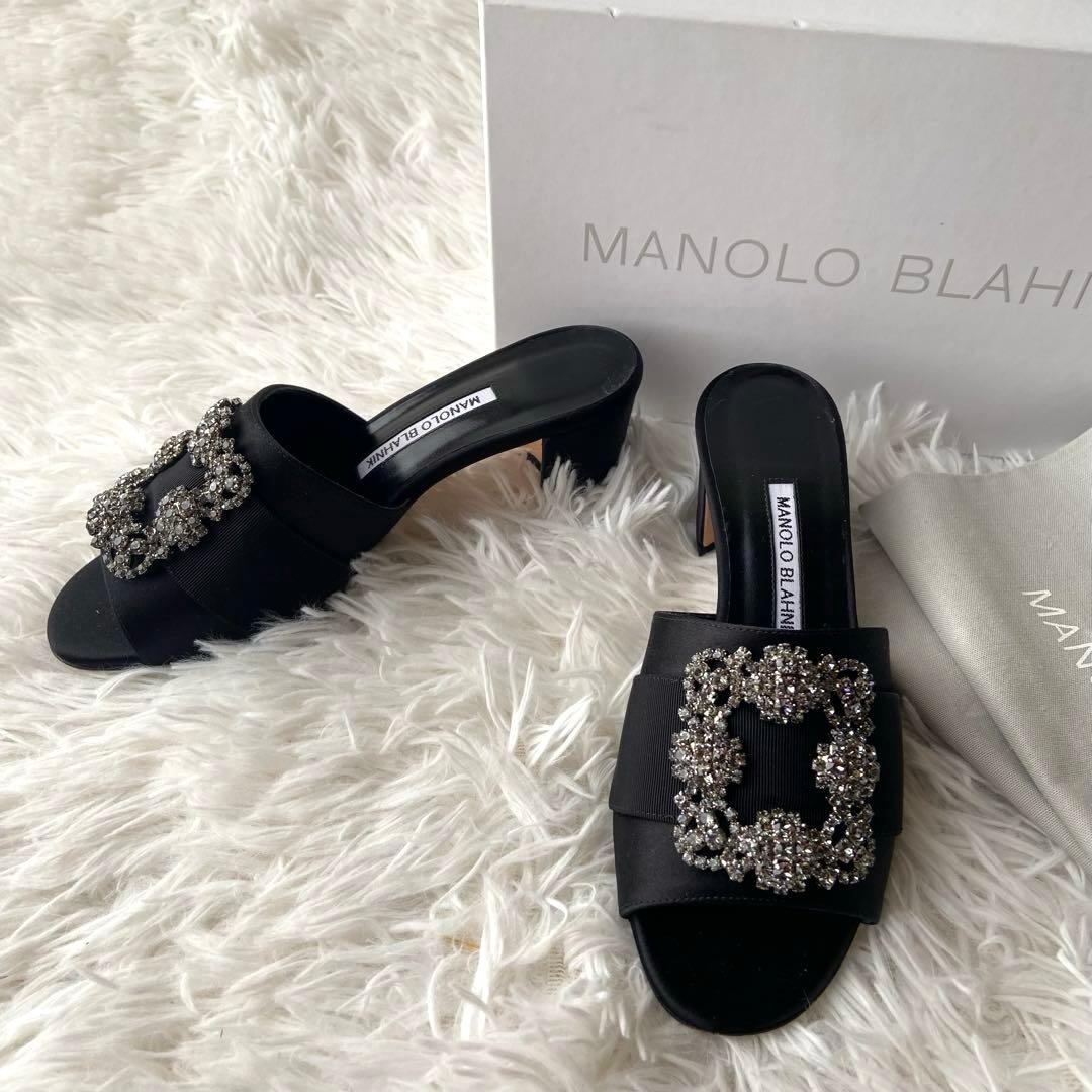 美品✨マノロブラニク サンダル ハンギシ 黒 ビジュー グログランリボン 37